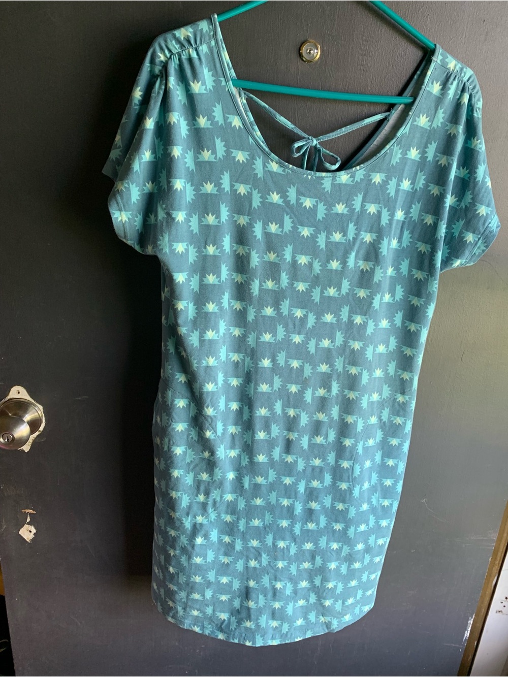 Casual Teal Printed Midi Dress with Back Tie